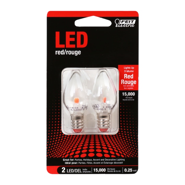 Feit Electric Feit C7 E12 (Candelabra) LED Bulb Red 0.5 Watt Equivalence 2 pk BPC7/R/LEDG2/2 - main